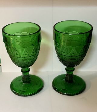 Vintage Emerald Green Sandwich Glass Footed Water Wine Goblets Set Of 2