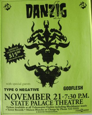Danzig / Type O Negative / Godflesh 1994 Orleans Concert Tour Poster