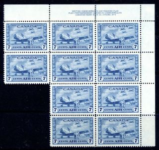 Canada C8 Vf Mnh Ur Plate 4 Block Of 10,  7c Deep Blue Airmail Cv $25.  50