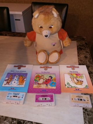 Vtg 1985 Teddy Ruxpin Talking Bear With Three Books And Cassettes