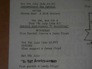 Marquee Club July 1983 Flyer (Motorhead/Rory Gallagher/Chelsea/Caravan) 2