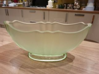 Vintage Frosted Green Pressed Glass Oval Boat Shaped Flower Bowl