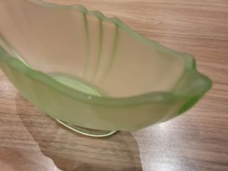 Vintage Frosted Green Pressed Glass Oval Boat Shaped Flower Bowl 2