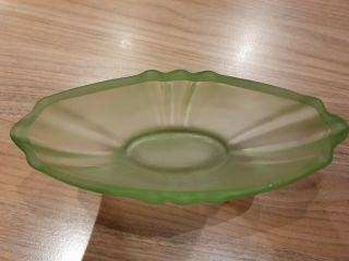 Vintage Frosted Green Pressed Glass Oval Boat Shaped Flower Bowl 3
