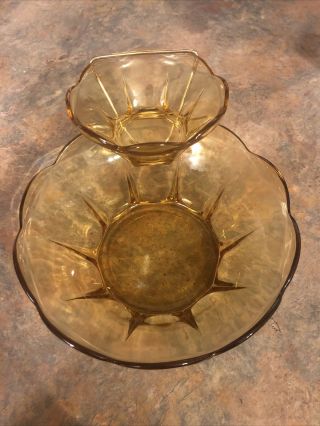 Vintage Anchor Hocking 3 Pc Amber Gold Glass Chip And Dip Set With Bracket