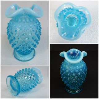 Vintage Fenton Opalescent Blue Hobnail Glass Bud Vase 3 Lobe Ruffle Lip