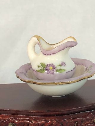 Dollhouse Miniature Jo Parker Bowl And Pitcher Set Purple Floral 1:12 Scale
