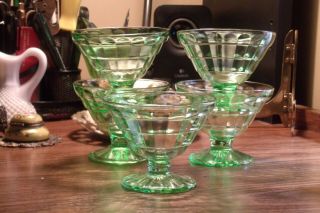 5 (five) Vintage Jeanette Cube/cubist Green Vaseline Glass Footed Sherbets