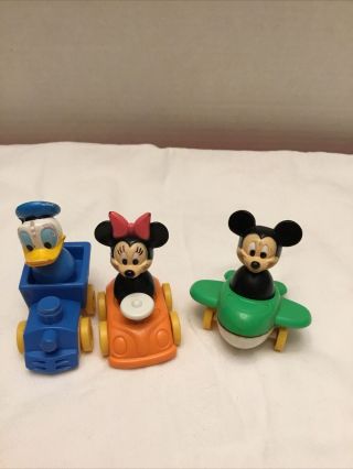 Vintage Disney Illco Little People Mickey,  Minnie,  & Donald In Vehicles