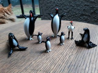 8 Vintage Hand Blown Glass Miniature Marine Animal Figurines Penguins Seals Bird