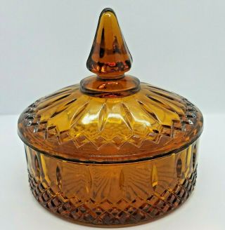 Vintage Amber Indiana Glass Covered Candy Dish,  Princess Pattern