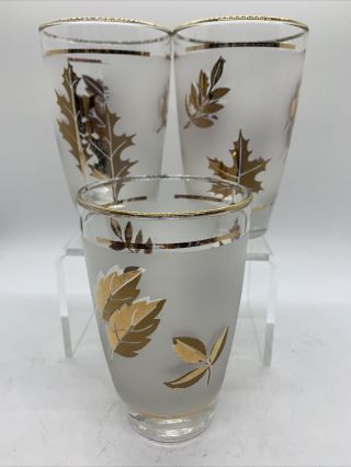 Vtg Mcm Set Of 3 Libbey Frosted Gold Foliage 8 Oz.  Drinking Glasses