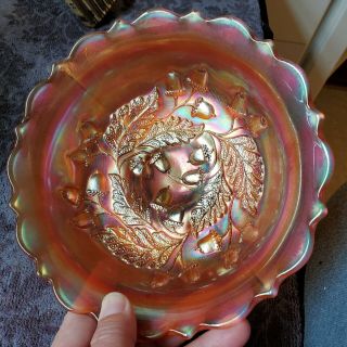 Fenton 6.  5 " Marigold Carnival Glass Dish Bowl Fall Acorn & Leaf Pattern Stretch
