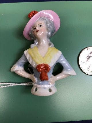 2.  5” Antique German Porcelain Half 1/2 Doll Feather Hat 4912 Gray Hair 3