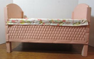 Vintage Pink Wooden Rocking Baby Doll Bed Cradle Crib Rocker 15x8x9 W/lining