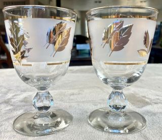 Set Of 2 Vintage Libby Glasses Frosted Gold Leaf Stemmed Water Goblets