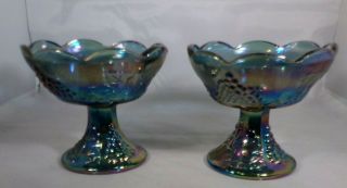 Indiana Carnival Glass Pair Candle Holders 70s Blue Iridescent Grape Pattern 4 "