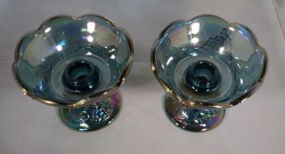 Indiana Carnival Glass Pair Candle Holders 70s Blue Iridescent Grape Pattern 4 