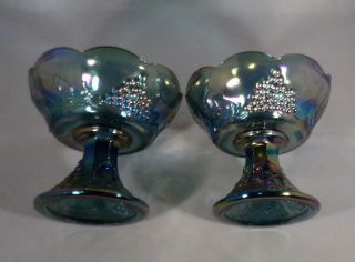 Indiana Carnival Glass Pair Candle Holders 70s Blue Iridescent Grape Pattern 4 