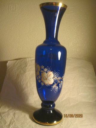 Vintage Czech Bohemian Cobalt Blue Glass Vase Hand Painted With Enamel Flowers