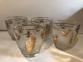 Set 4 Libbey Vintage Gold Leaf Rim Glasses 3 1/2” Frosted Glass Cocktail Juice
