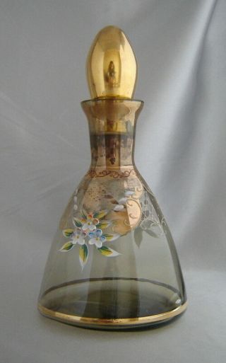 Vintage Bohemian Czech Light Gold Small Glass Decanter W/ Applied Flowers