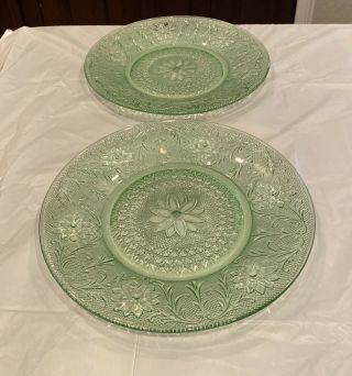 2 Antique/vintage Green Depression Glass Floral Plates