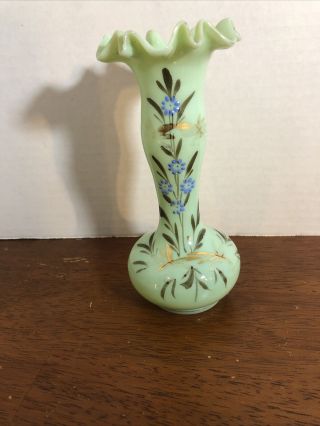 Vintage Art Glass Vase Jadeite Hand Painted Roses Ruffled Crimped Edge W Gold