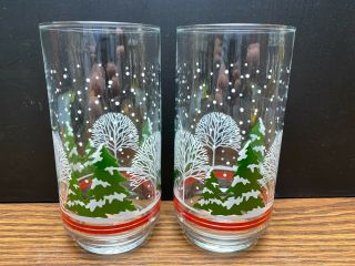 Set Of 2 Vintage Libbey Clear Glass Christmas Tumblers W/ Winter Scene Snow Tree