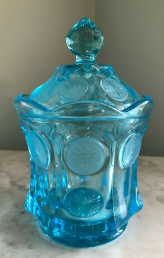 Vintage Blue Fostoria Frosted Coin Glass Covered Candy Dish