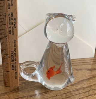 Murano Clear Art Blown Glass Cat With Fish Goldfish In Its Stomach Belly