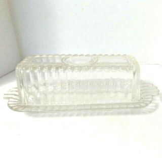 Vintage Deco Style Ribbed Clear Pressed Glass Butter Dish