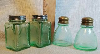 Green Depression Glass Salt Pepper 2 Pair Small Spice Jar Container Engraved Vtg