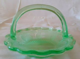 Vintage Green Glass Handled Basket Dish Grapes & Leaves 5.  5 " Wide - Great Shape.