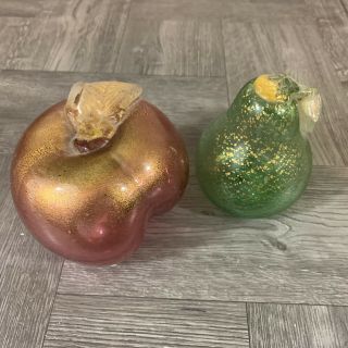 2 - Pc Vintage Hand Blown Crackle Glass Fruit Apple Pear Folk Art