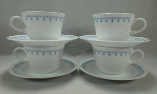 (4) Corning Corelle Livingware Blue Snowflake Coffee Tea Flat Cup Mug Saucer Set