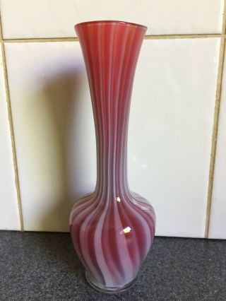 Retro Hand Blown Red Cased Art Glass Bud Vase,  With White Stripes,  20 Cm High