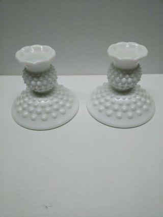 Vintage Pair White Milk Glass Hobnail Candle Holders Tablescape China Cabinet