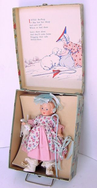 1930s Composition 8.  5 " Little Bo Peep Doll W Sheep In Lovely Nursery Rhyme Box