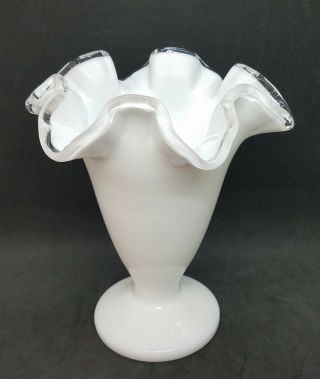 Vintage Fenton Silver Crest Ruffled Milk Glass Trumpet Vase