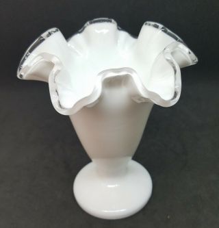 Vintage Fenton Silver Crest Ruffled Milk Glass Trumpet Vase 2