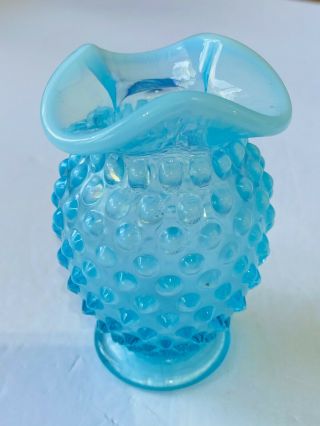 Vintage Fenton Blue Opalescent Hobnail Small Ruffled Edge Vase