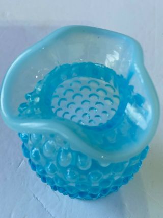 Vintage Fenton Blue Opalescent Hobnail Small Ruffled Edge Vase 3