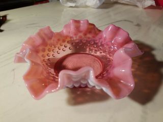 Vintage Fenton Pink Hobnail Ruffled Edge Glass Dish Bowl