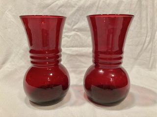 Ruby Red Vase (2) Mid Century Vintage Anchor Hocking Royal Ruby - Perfect Shape