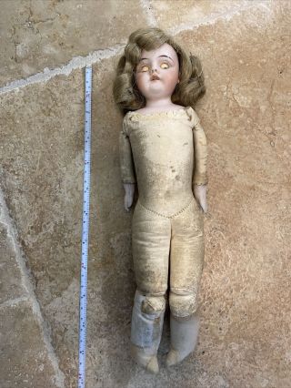 Antique German Bisque Head Doll,  Leather And Straw Body 11 Inches