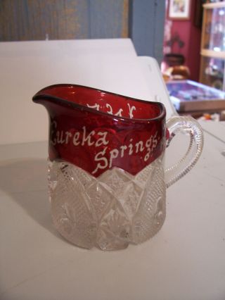 Antique 1903 Eureka Springs Arkansas Ruby Flash Glass 3.  25 " Creamer