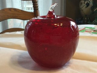 Vintage Blenko? Hand Blown Crackle Glass Big Ruby Red Apple Paperweight 5”