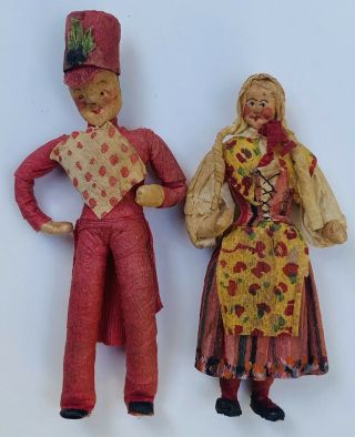 2 Antique Vintage Handmade Miniature 2 1/2” Crepe Paper Dolls French Man Woman