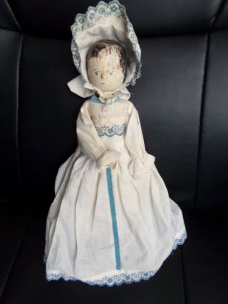 Vintage/antique Primitive Wooden Peg/penny Doll W/clothes And Bio 12 "